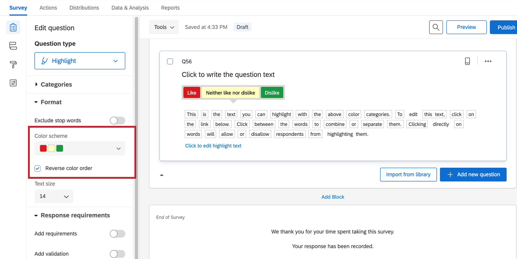 質問編集ペインの配色