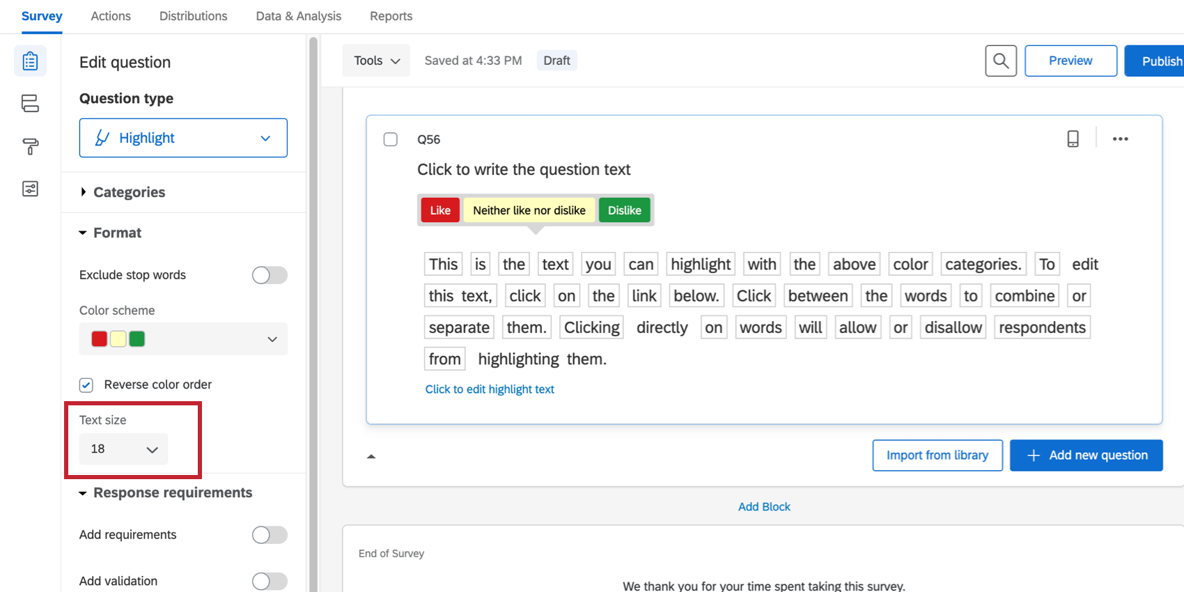 Text size is selected and adjusted