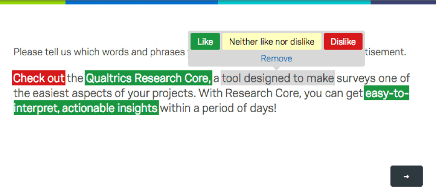 回答者の感情を示すために、ランダムな単語やフレーズが強調表示される質問。