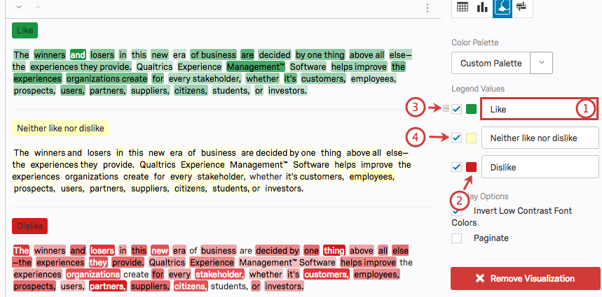 Los valores de leyenda en el panel de edición determinan los colores y el orden de las opciones