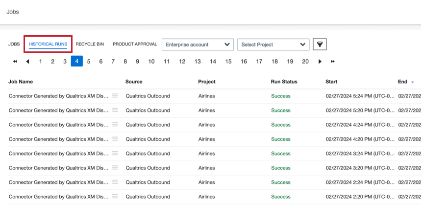 La sección de ejecuciones históricas de la página de trabajos