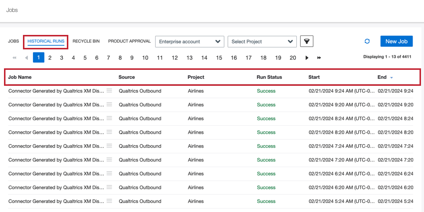 os campos da guia execuções históricas