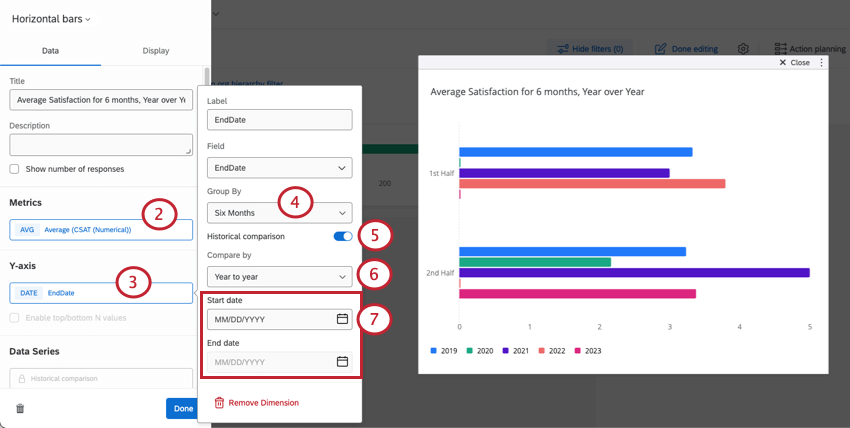 a horizontal bar chart with the editor opened to the left, configuring the historical comparison