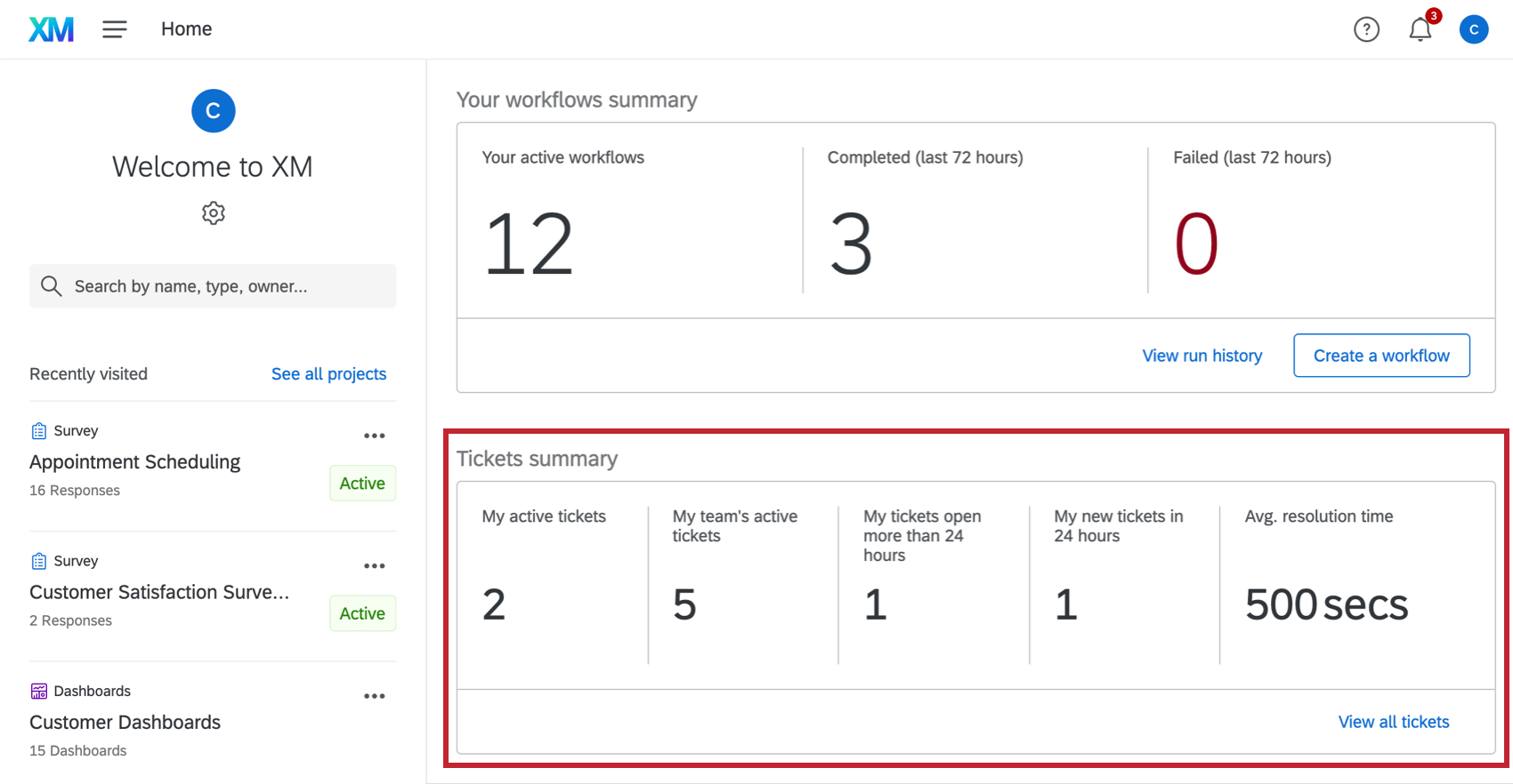 Homepage tickets summary section