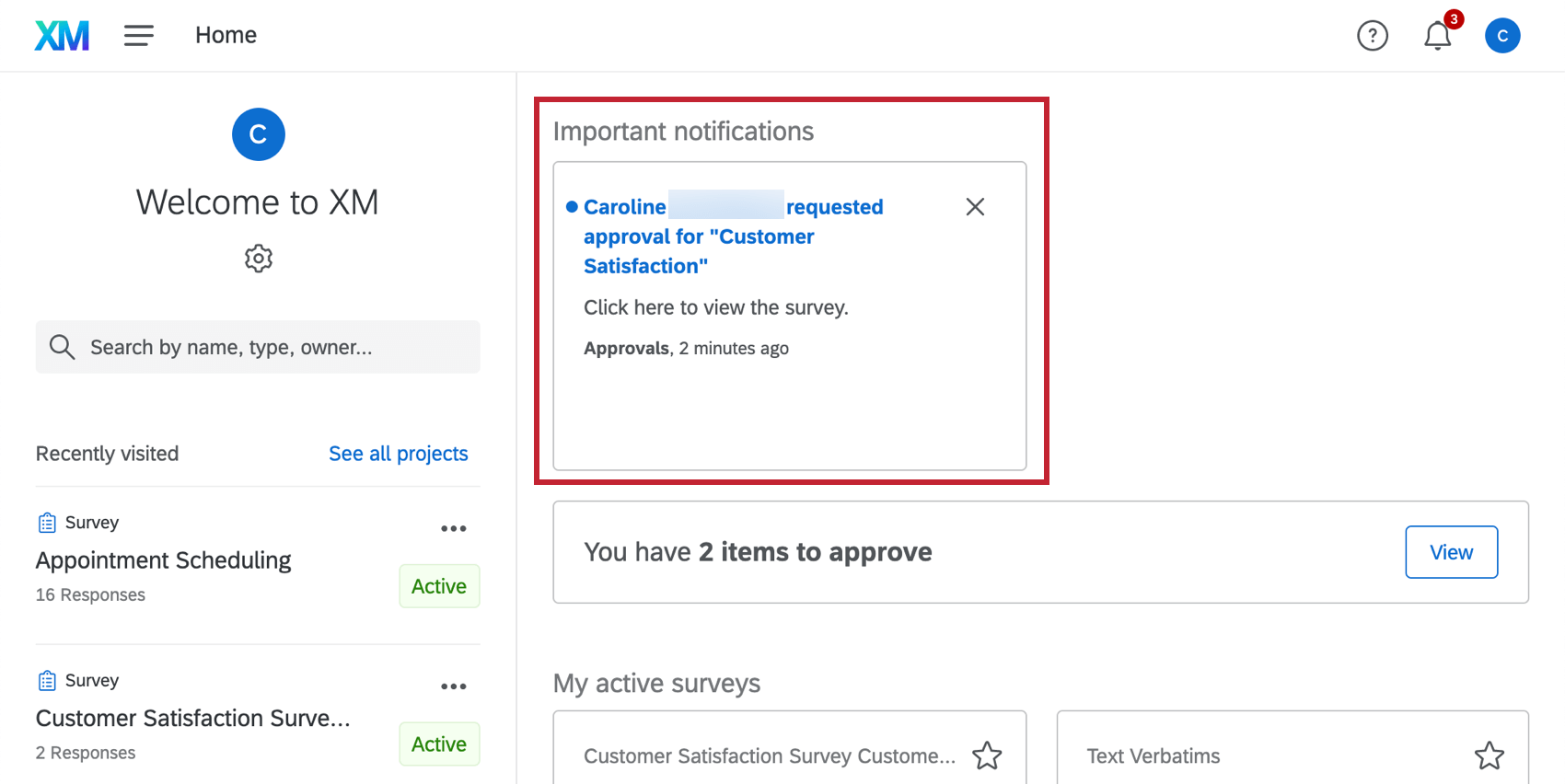 Seção de notificação da página inicial