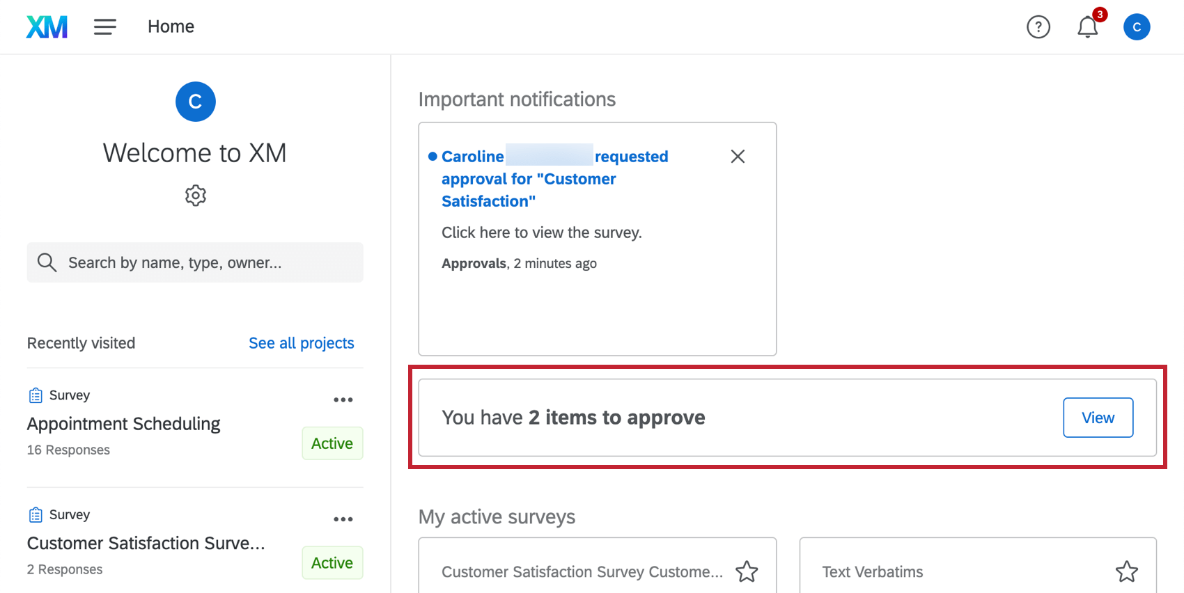 Homepage approvals section