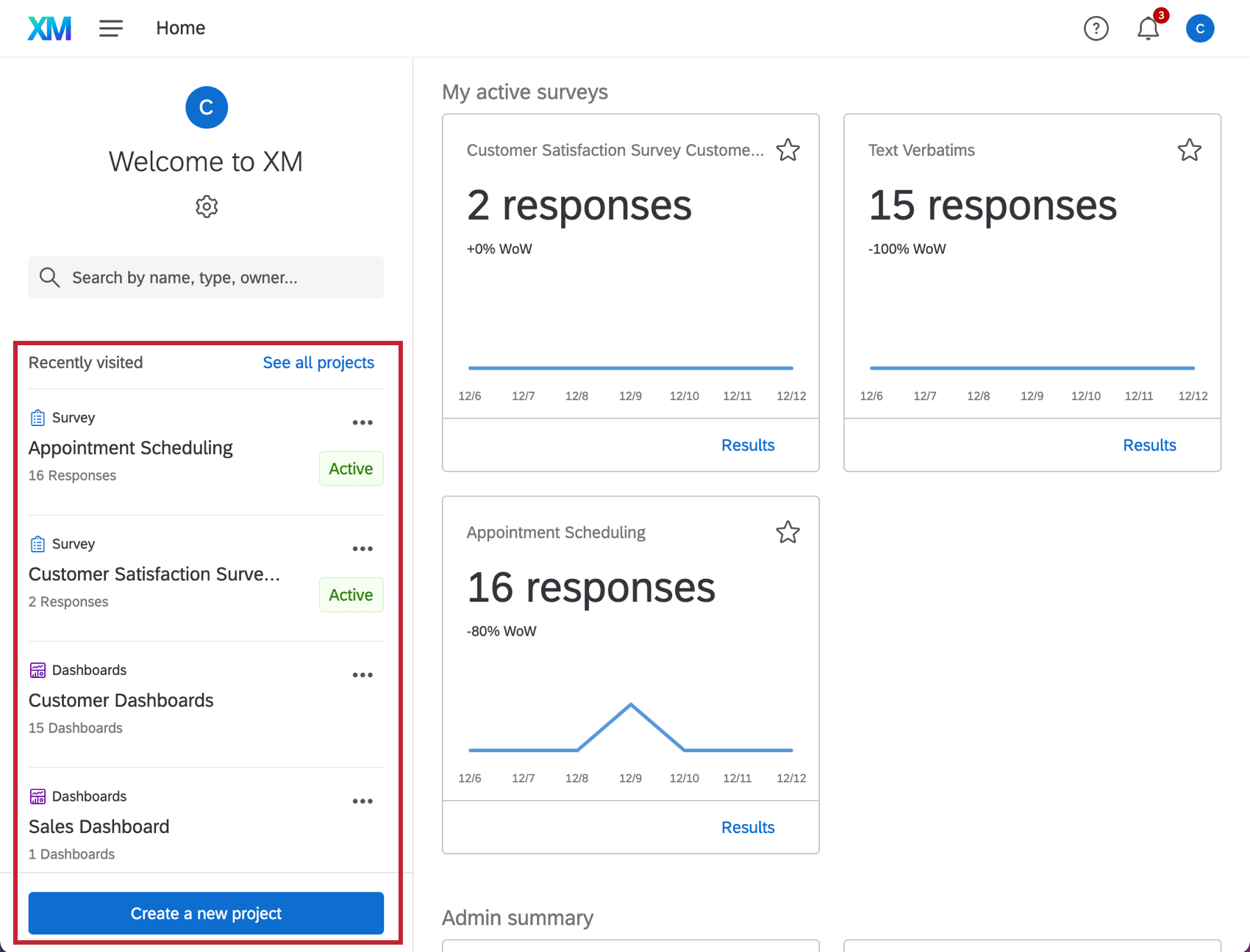 Homepage sezione Progetti visitati di recente