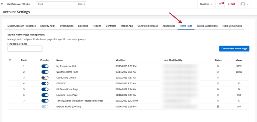 guia homepages das configurações da conta