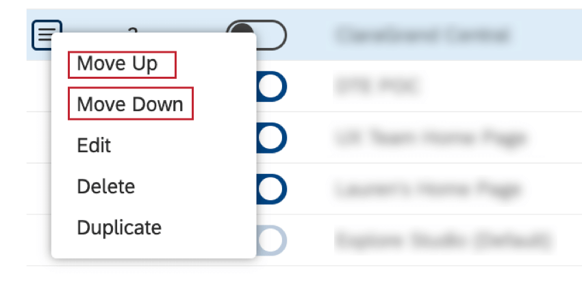 move up and move down options in menu next to each homepage
