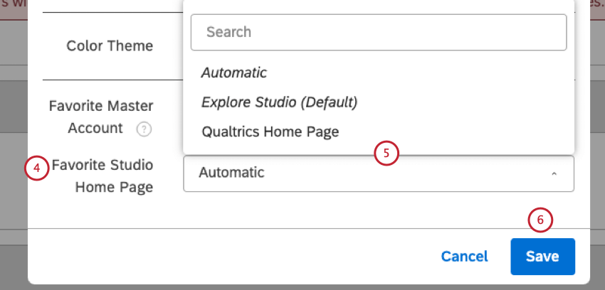 Neue bevorzugte Studio-Startseite in den Benutzereinstellungen auswählen