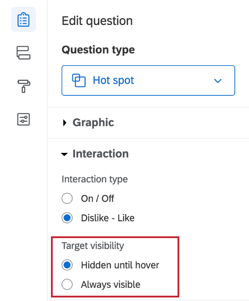 Configuración de visibilidad de Objetivo en el panel de edición de preguntas
