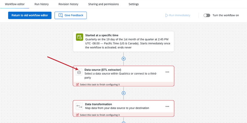 creando unattività ETL, il secondo widget sullo schermo permette di aggiungere unorigine dati
