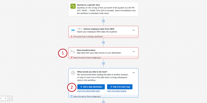 De regreso al editor de flujo de trabajo con una fuente agregada, ahora puede completar el ETL