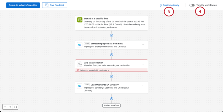 usando los botones en la esquina superior derecha del editor de flujo de trabajo para activar y ejecutar el flujo de trabajo