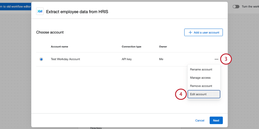 El menú aparece cuando haces clic en los puntos siguiente a tu cuenta