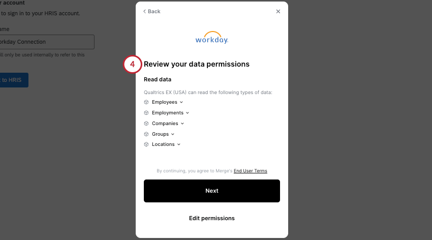 una página que muestra los permisos de datos, con encabezados en los que puede hacer clic para obtener más información