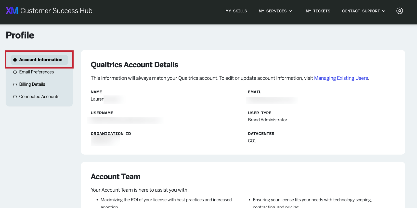 la scheda Informazioni account nella pagina del profilo dellhub