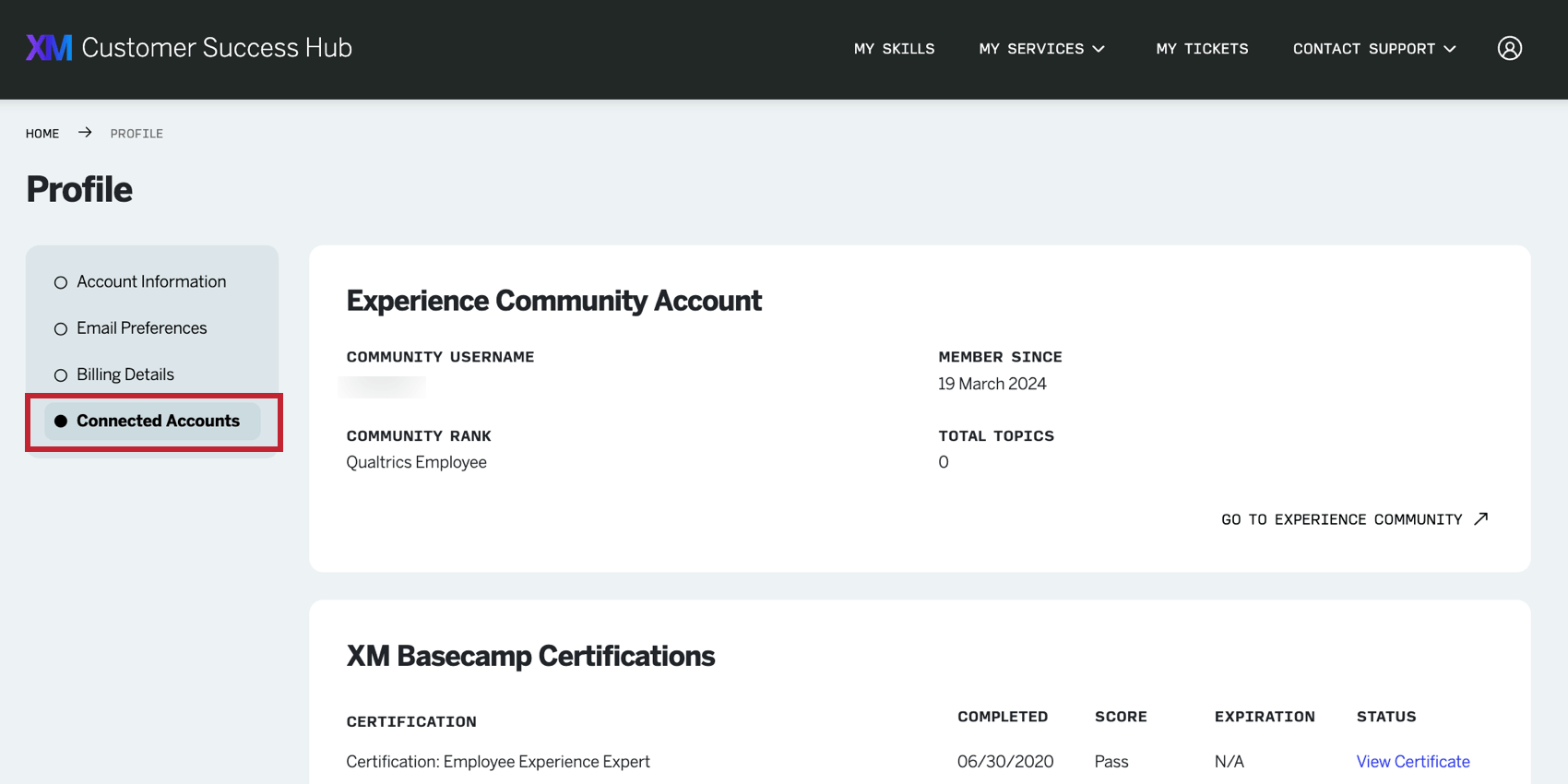 La section Comptes connectés de la page de profil