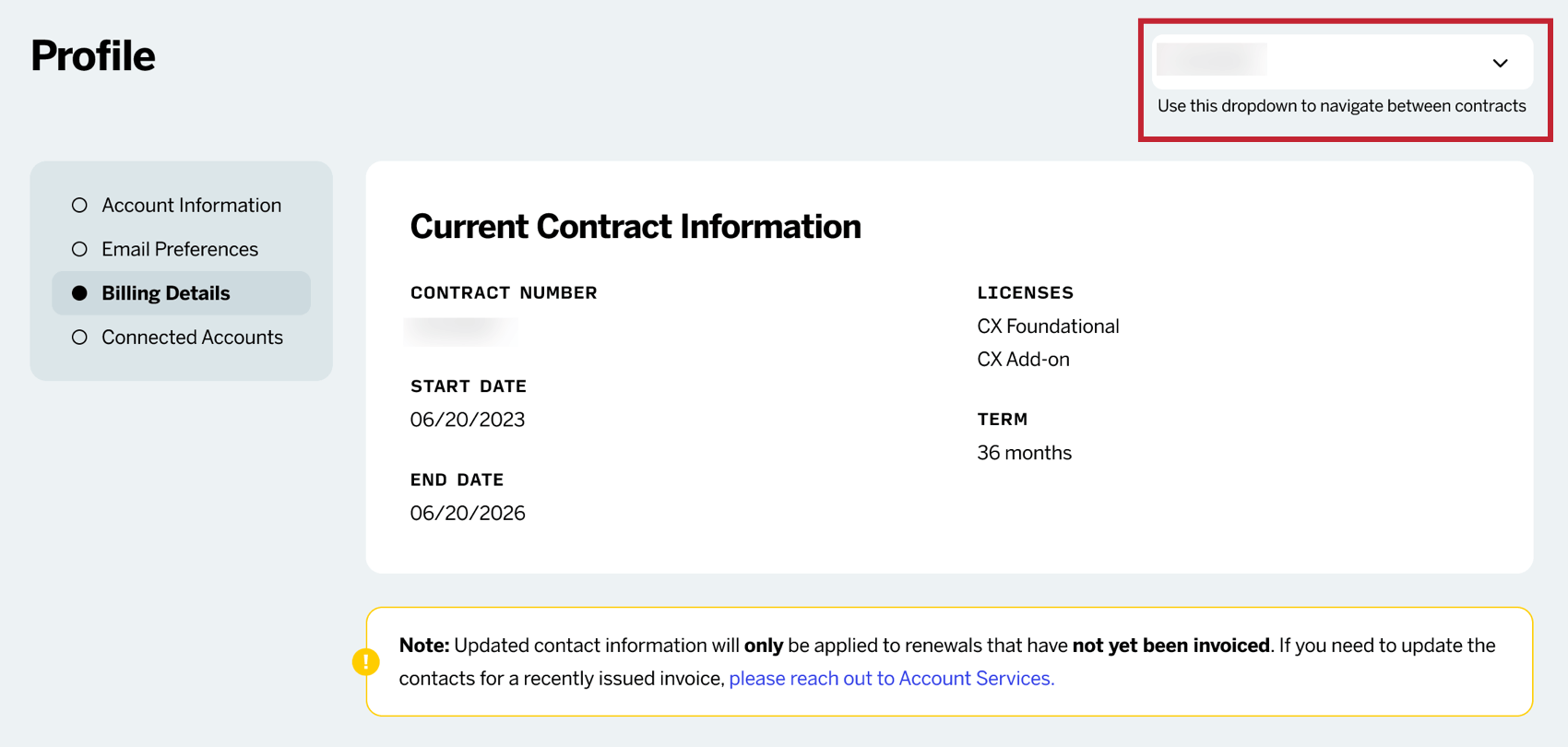 la liste déroulante des contrats située dans le coin supérieur droit de la page des détails de la facturation