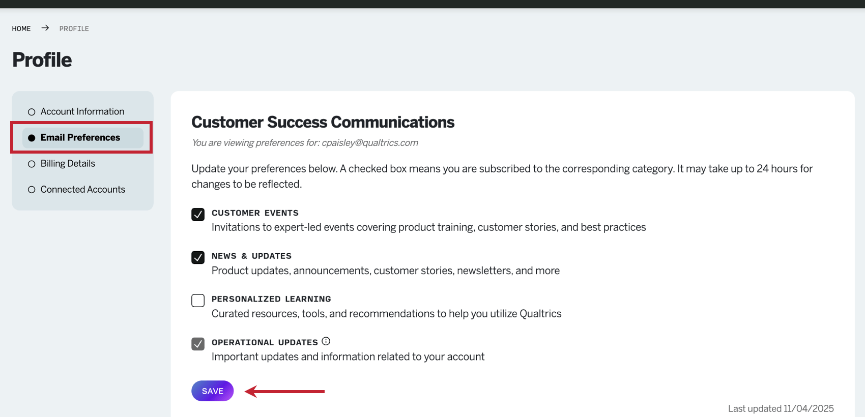 a seção de preferências de e-mail da página de perfil no hub