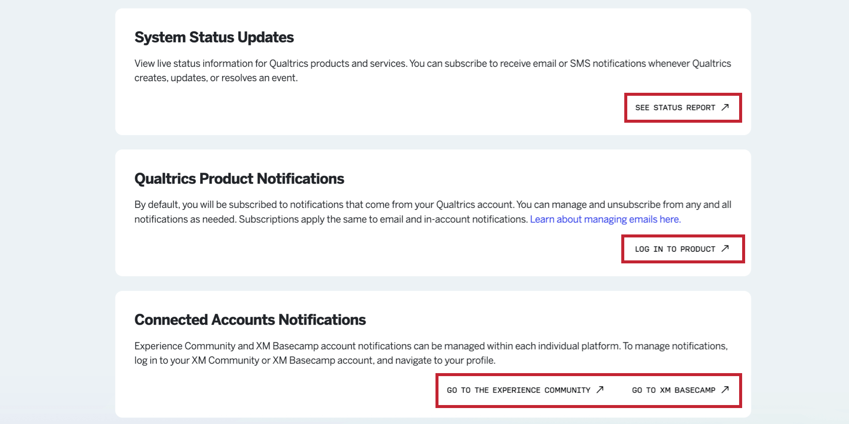viewing additional links for basecamp, community, and platform notifications