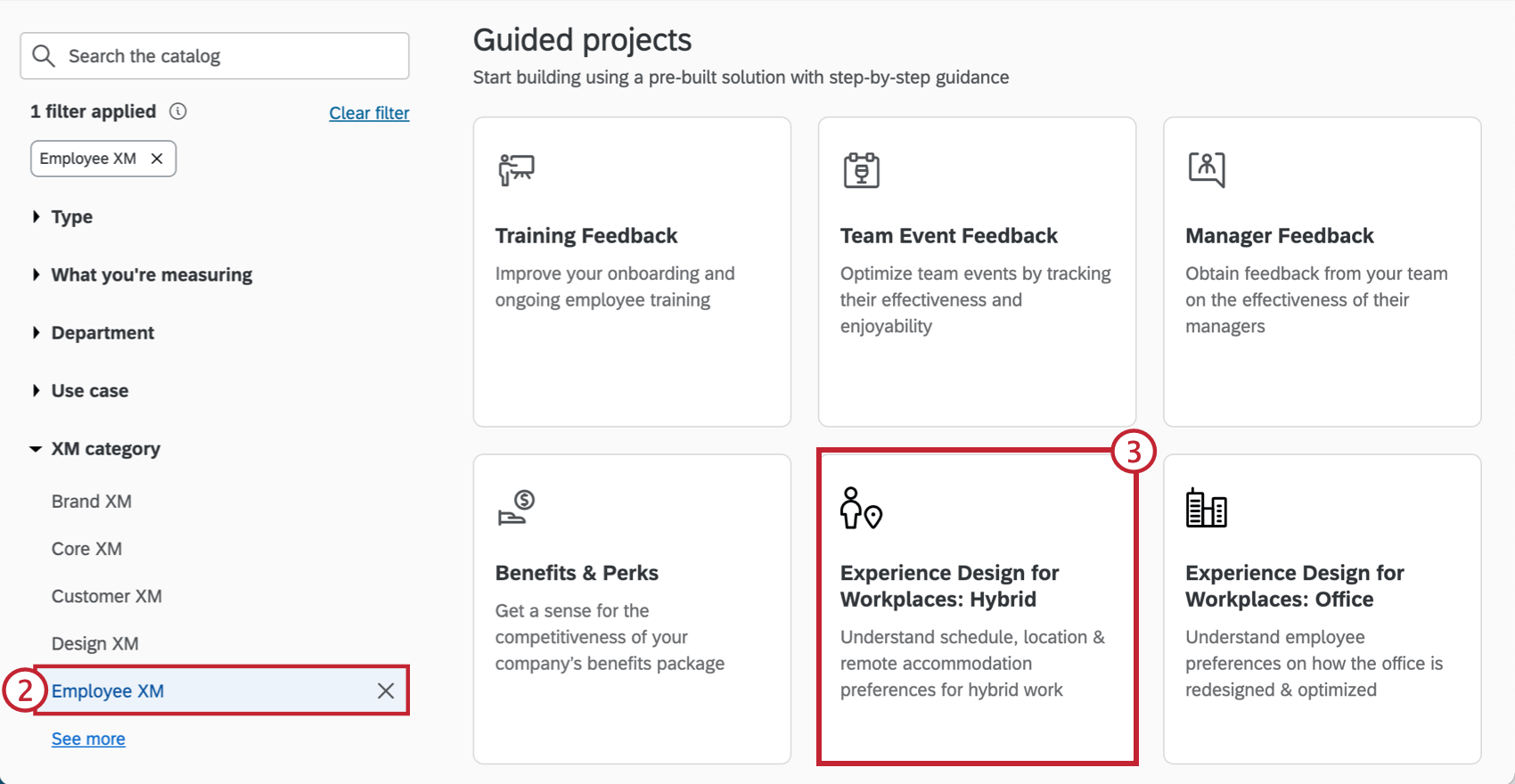 selezionando Xm dipendente, quindi selezionando il progetto dellarea di lavoro ibrida dal catalogo