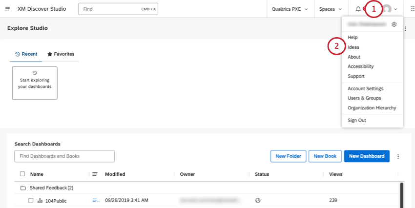 clicking the user icon and selecting ideas