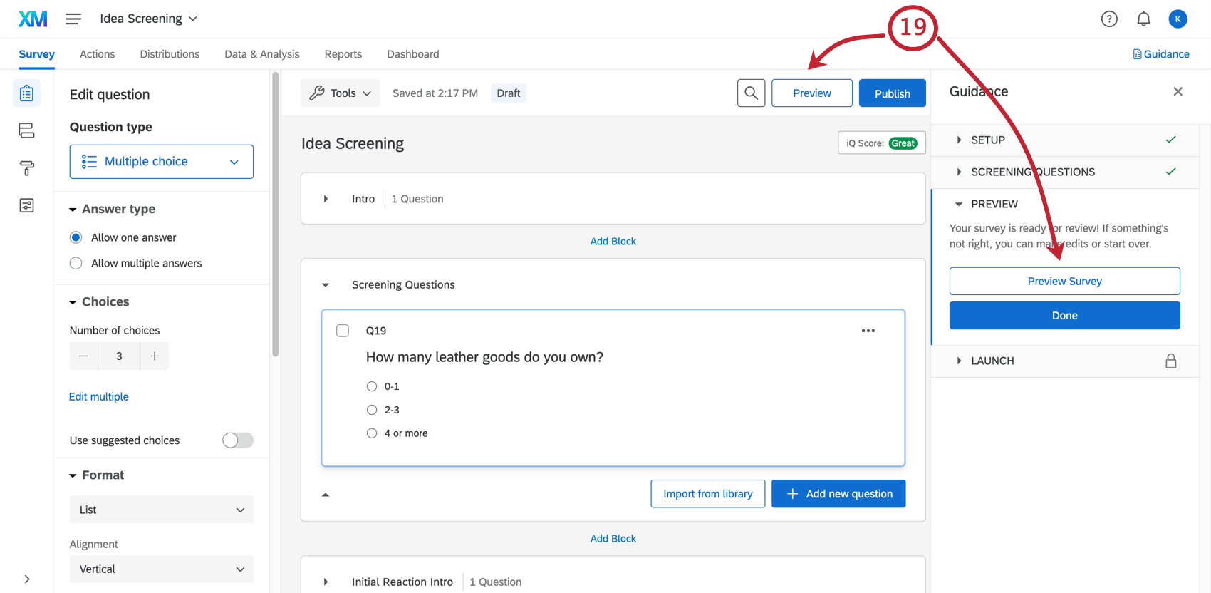 Previewing the survey after publishing