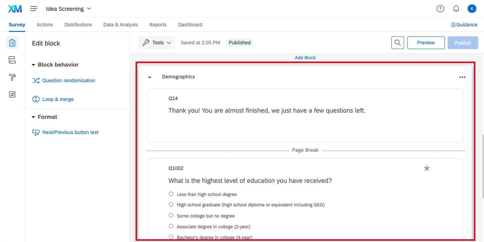 Demographics section in the Survey builder