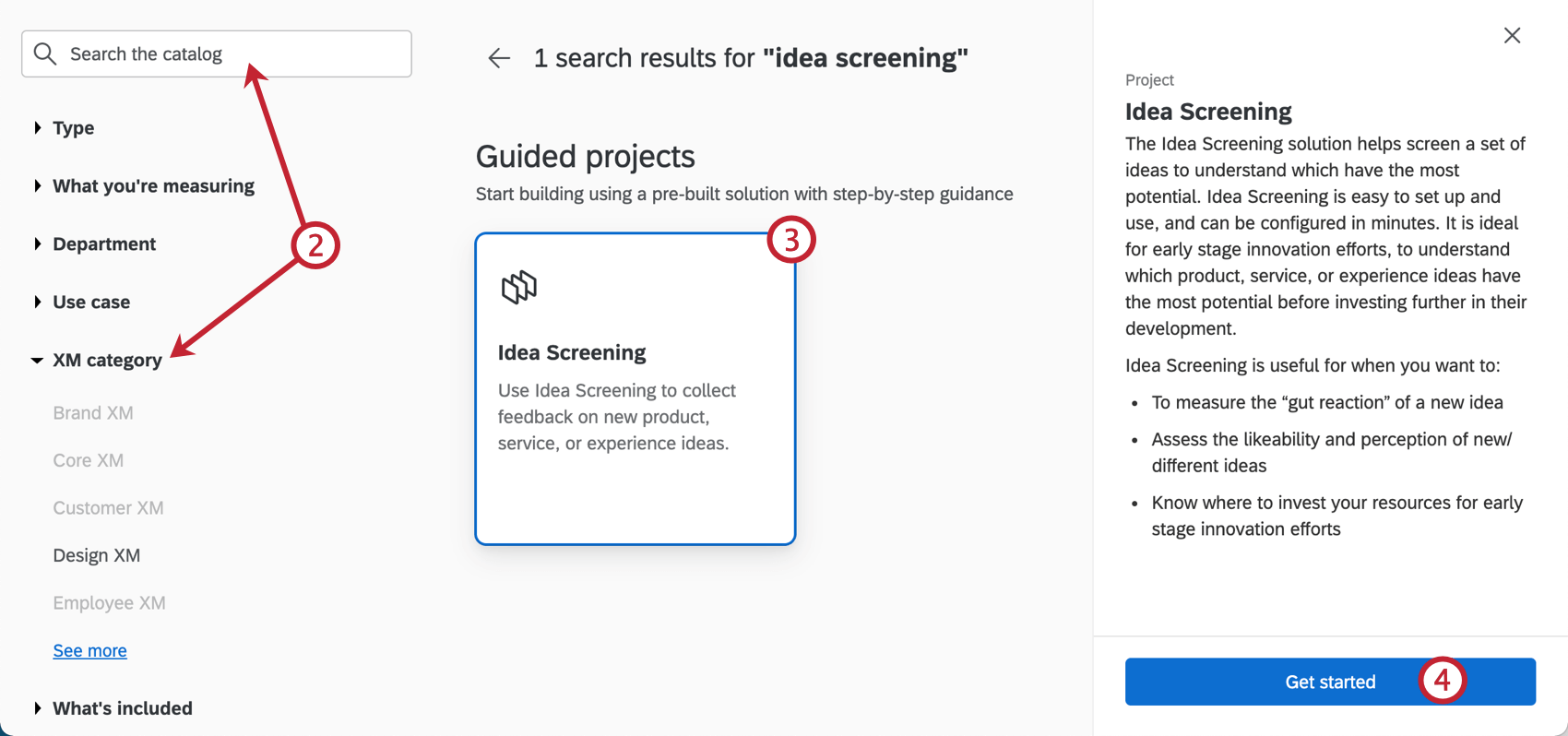 Filtri e barra di ricerca nella parte superiore del catalogo, il progetto scelto appare come un riquadro. Una volta cliccato il riquadro, sulla destra si apre un menu con una descrizione e un pulsante di avvio