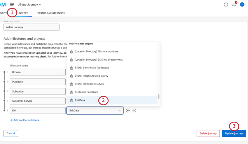 Mapping a journey milestone to an imported data project