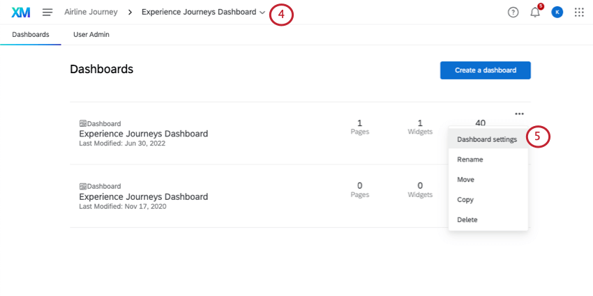 Öffnen der Einstellungen eines Dashboard