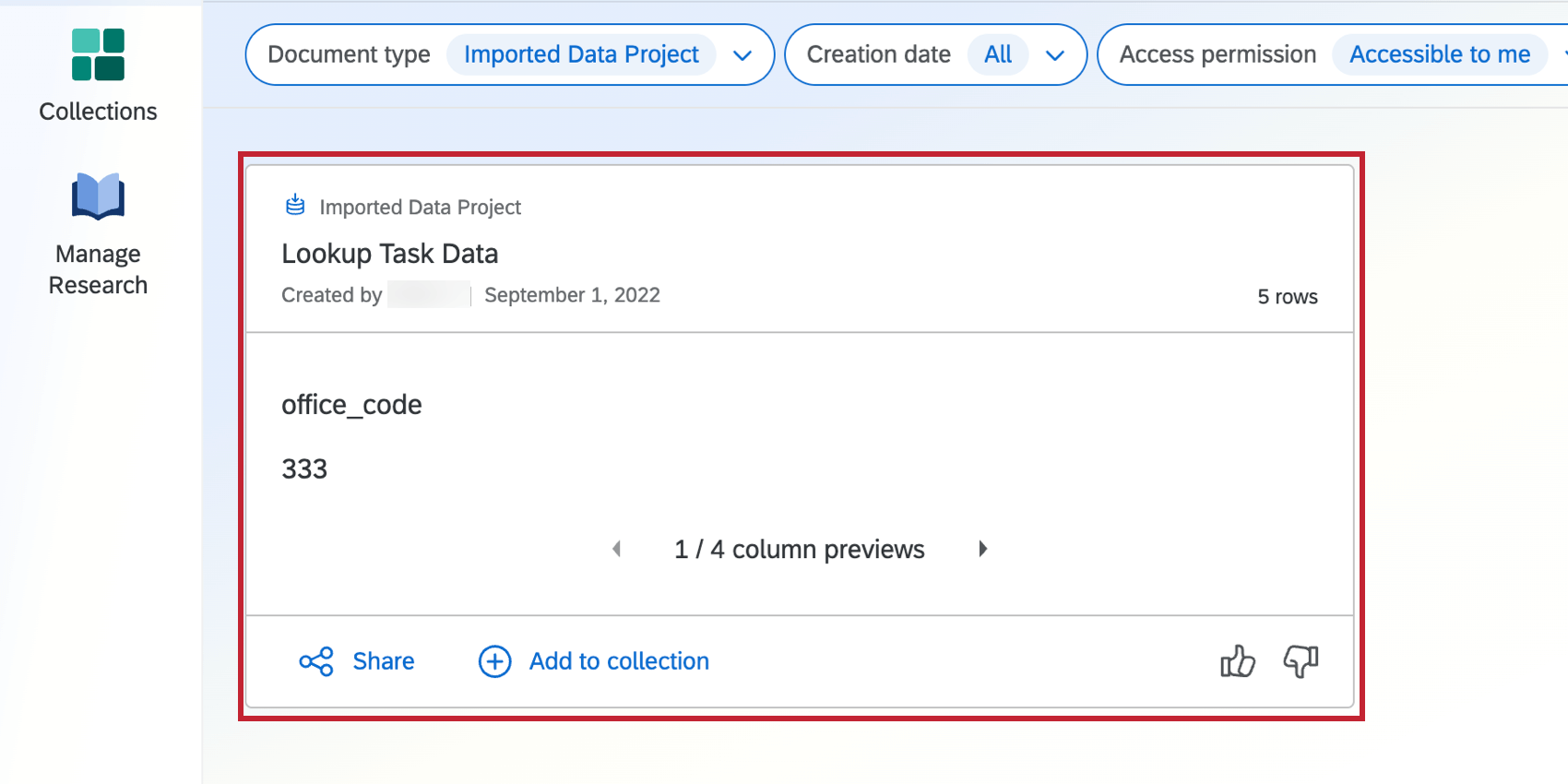 viewing an imported data project in the research hub search results
