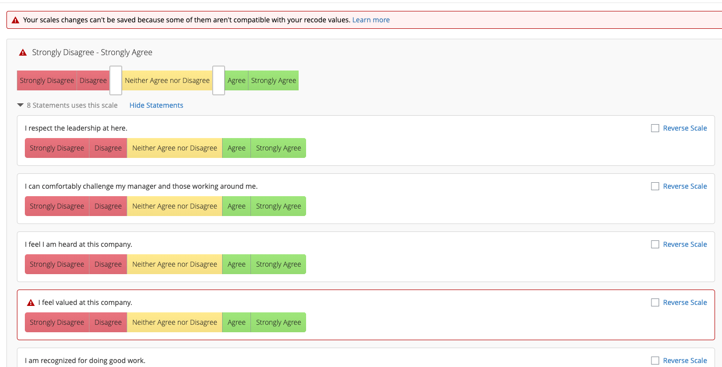 leditor delle scale con il messaggio di errore Le modifiche apportate alle scale non possono essere salvate perché alcune di esse non sono compatibili con i valori della ricodifica