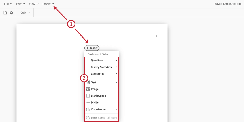 image du bouton dinsertion dans la barre doutils et du corps du rapport