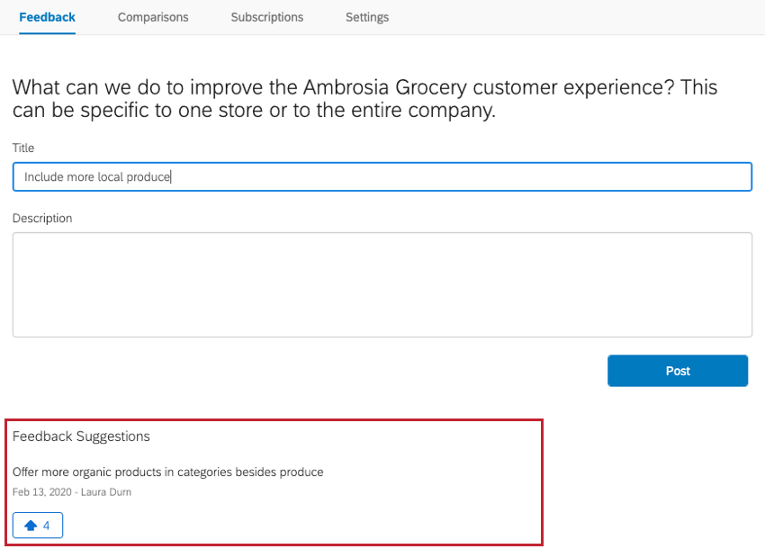 image of the feedback tab when submitting new feedback. feedback suggestions appear below