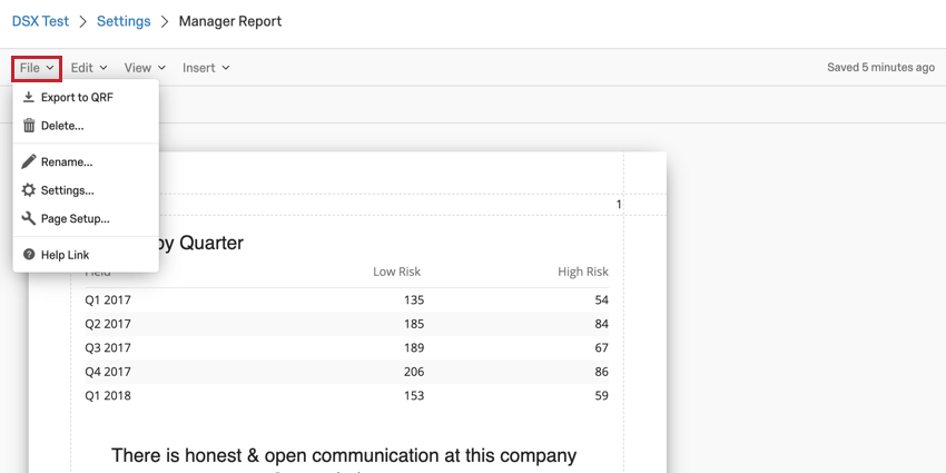 image of the file dropdown in the report toolbar