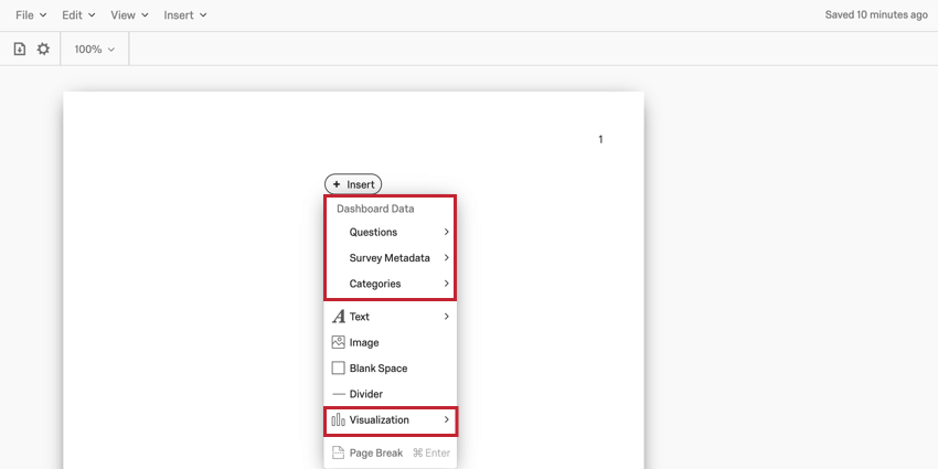 image of the insert menu with the visualization options highlighted