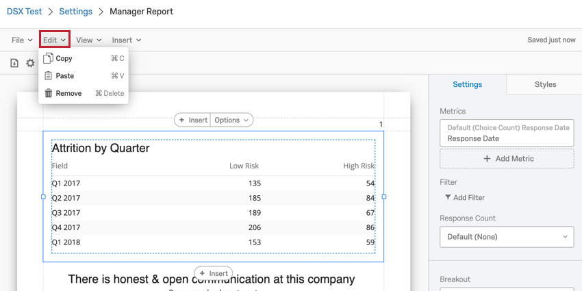 image of the edit dropdown in the report toolbar