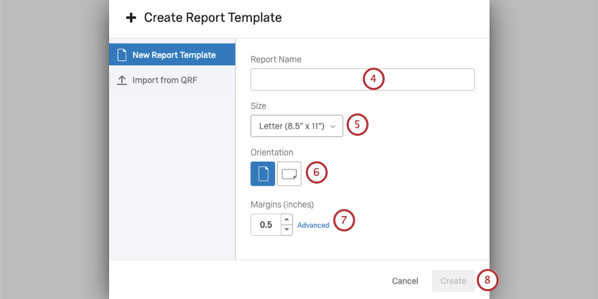 immagine della schermata per creare un modello di rapporto. Sono disponibili opzioni per determinare il nome, le dimensioni, lorientamento e i margini del rapporto.