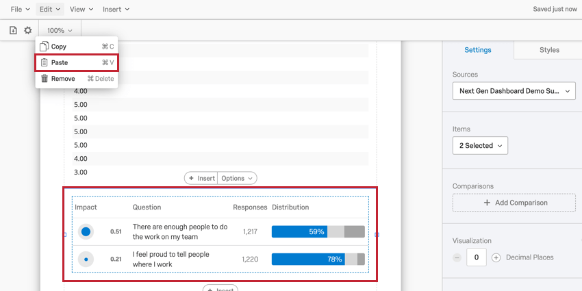 image of the paste option in the report toolbar. a visualization has been pasted under an existing visualization