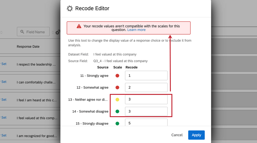 識別値を割り当てたrecodeエディタは、この問題のスケールと互換性がありません。