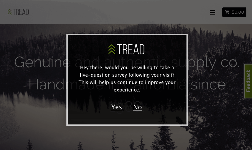Um gráfico preto aparece em um site sombrio. Na parte superior, há um logotipo com a inscrição Tread. Dentro dela, há uma mensagem solicitando feedback e links de sim e não