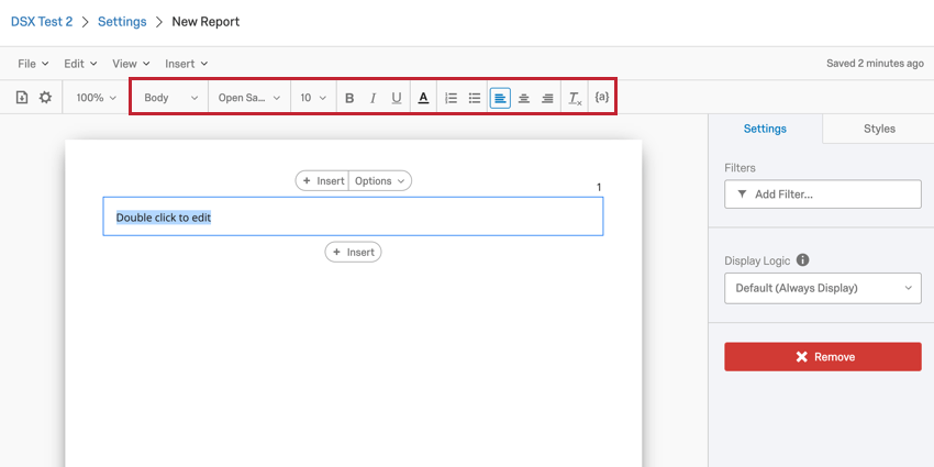 imagem do editor de conteúdo em um modelo de relatório