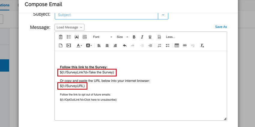 the email editor with piped text for survey links