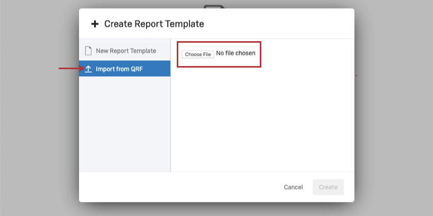 image of the report template creation screen. the option to import from QRF is selected