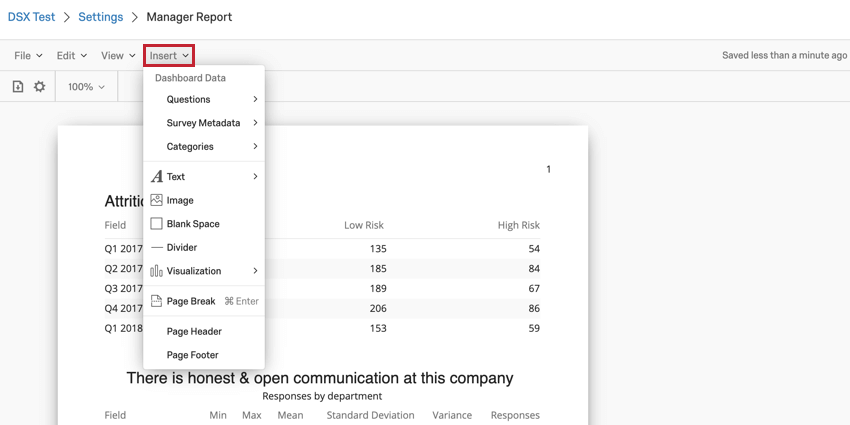 image du menu dinsertion dans la barre doutils du rapport