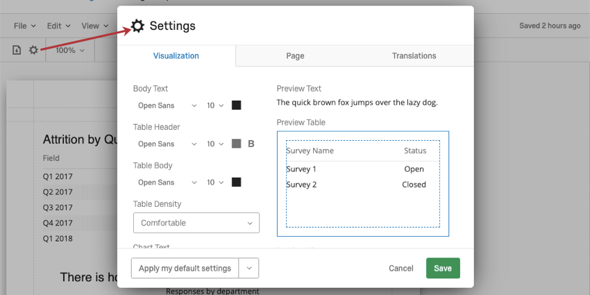 imagem das configurações globais. elas são acessadas clicando no ícone de engrenagem na barra de ferramentas do relatório