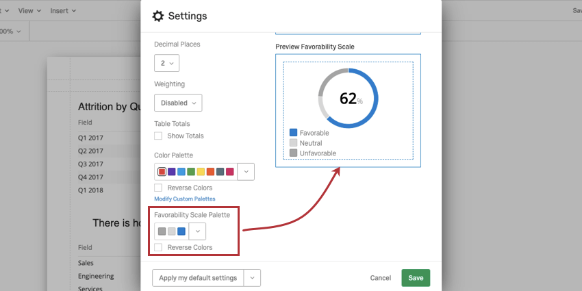imagen de la paleta de escala de favorabilidad en la configuración global del informe