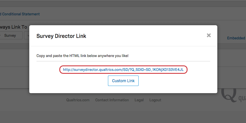 Survey Director Link pop-up with link provided